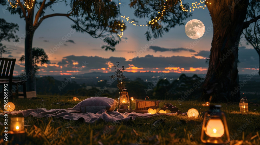 As the moon casts its soft glow the picnic blankets are spread out on the soft grass adorned with flickering lanterns and ling fairy lights.