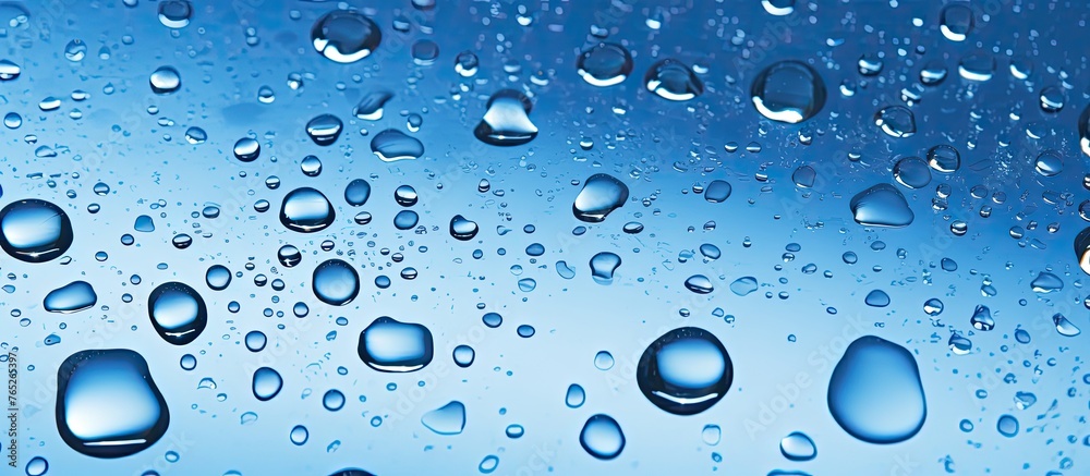 A close-up view of water drops on a window glass with a clear blue sky in the background