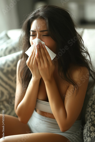 A woman sick with a cold or allergies with a tissue held up to her nose. 