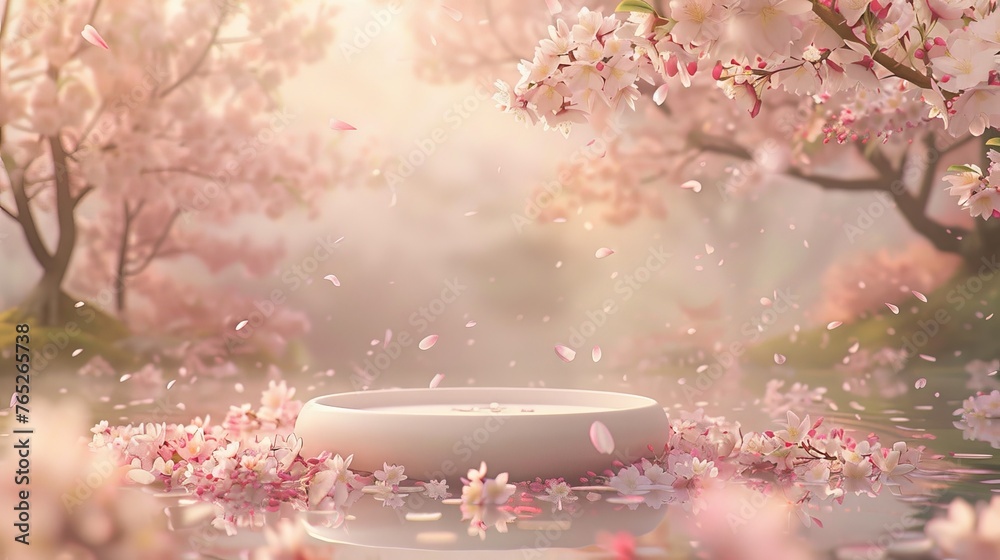 An illustration of a delicate porcelain podium in the middle of a blooming cherry blossom garden. The petals fall gently around it creating a soft