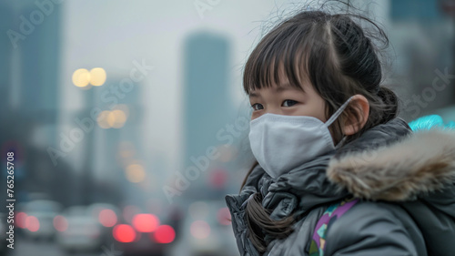 a girl wearing a face mask with a smog mask on it.