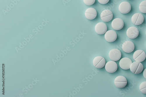 white tablets, on blue background, a group of pills that are on a table,