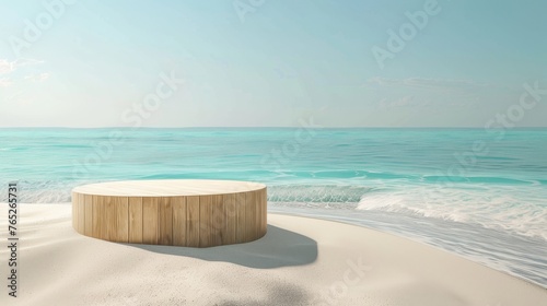 a minimalist podium crafted from bamboo set on a sandy beach with crystal-clear waters in the background