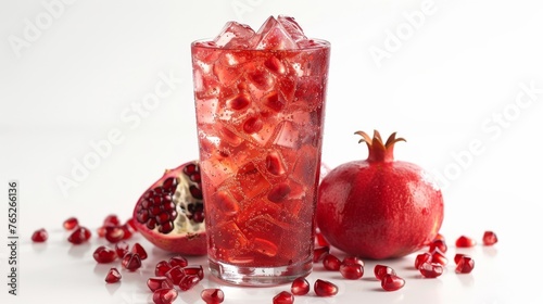 A glass of red drink with a pomegranate on the table