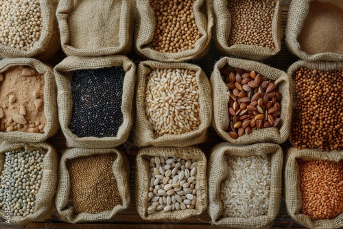 A variety of different colored beans and nuts are displayed in a basket