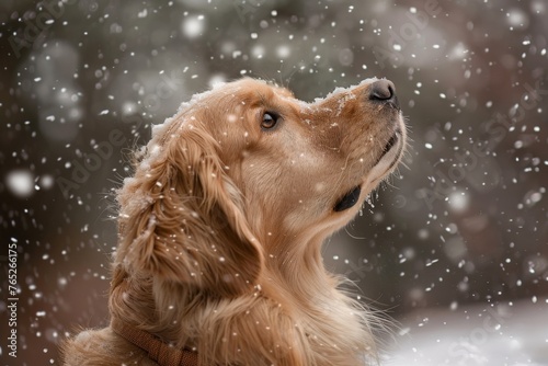 A dog with a brown coat is looking up at the camera in the snow