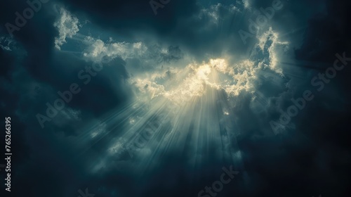 Dark sky with sun . God rays . Dramatic nature background . Religion background