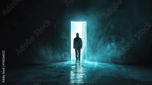 Man getting out from the darkness opening door