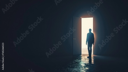 Man getting out from the darkness opening door photo