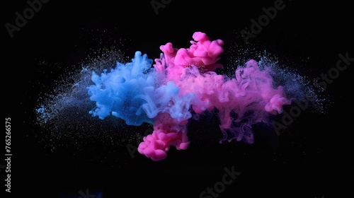Paint Ink drop in water, Motion color explosion smoke, Blue pink color fluid splash vapor cloud on glitter dust texture black abstract art background