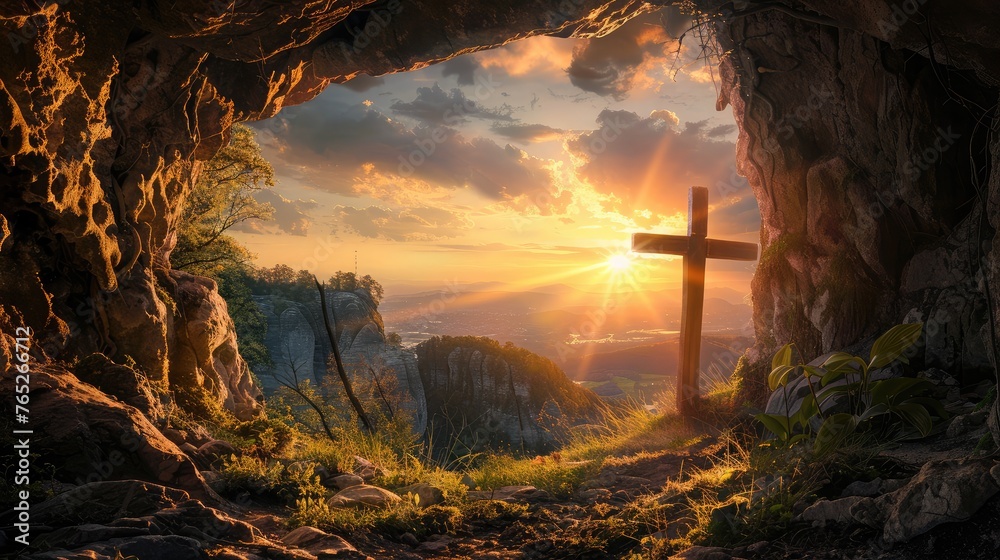 Sunset view of a wooden cross from a cave. - obrazy, fototapety, plakaty 
