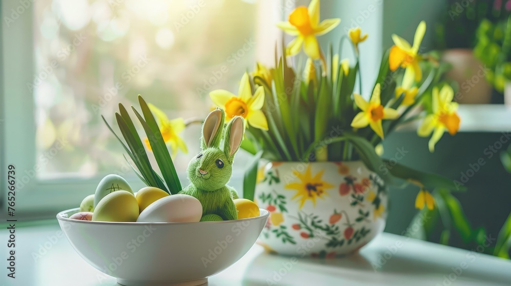 White bowl with colored easter eggs, bouquet of yellow tulips and daffodils flowers and green bunny rabbit on white kitchen table near window. Festive Ester spring card. Selective focus. Copy space.