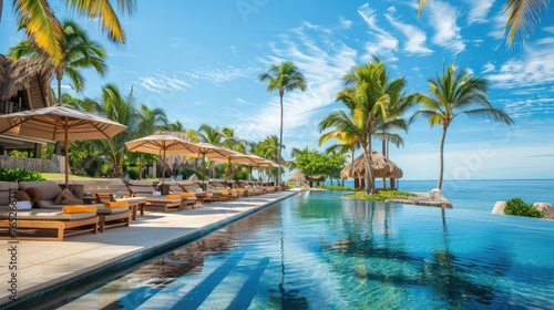 Stunning beachfront resort with pool, sunbeds, and palm trees on a warm, sunny day. © buraratn