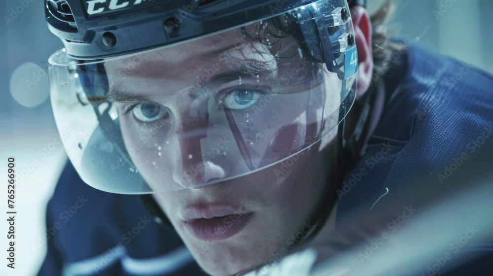 The intense focus on a players face as they take a shot with their hockey stick. The intense focus on a players face as they take a shot with their hockey stick.