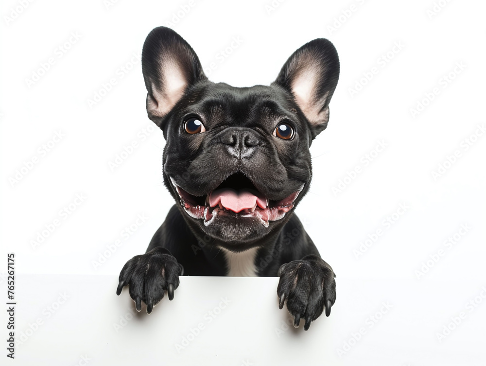 Happy white french bulldog peeking out and hanging its paw on blank poster board against white background. Blank copyspace for text.