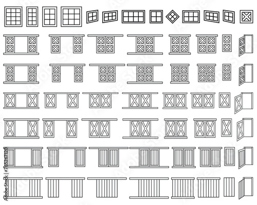 Windows and doors of outline wooden barn village house. Black white big set of gates or portals for coloring book. Vector isolated line illustrations on white background