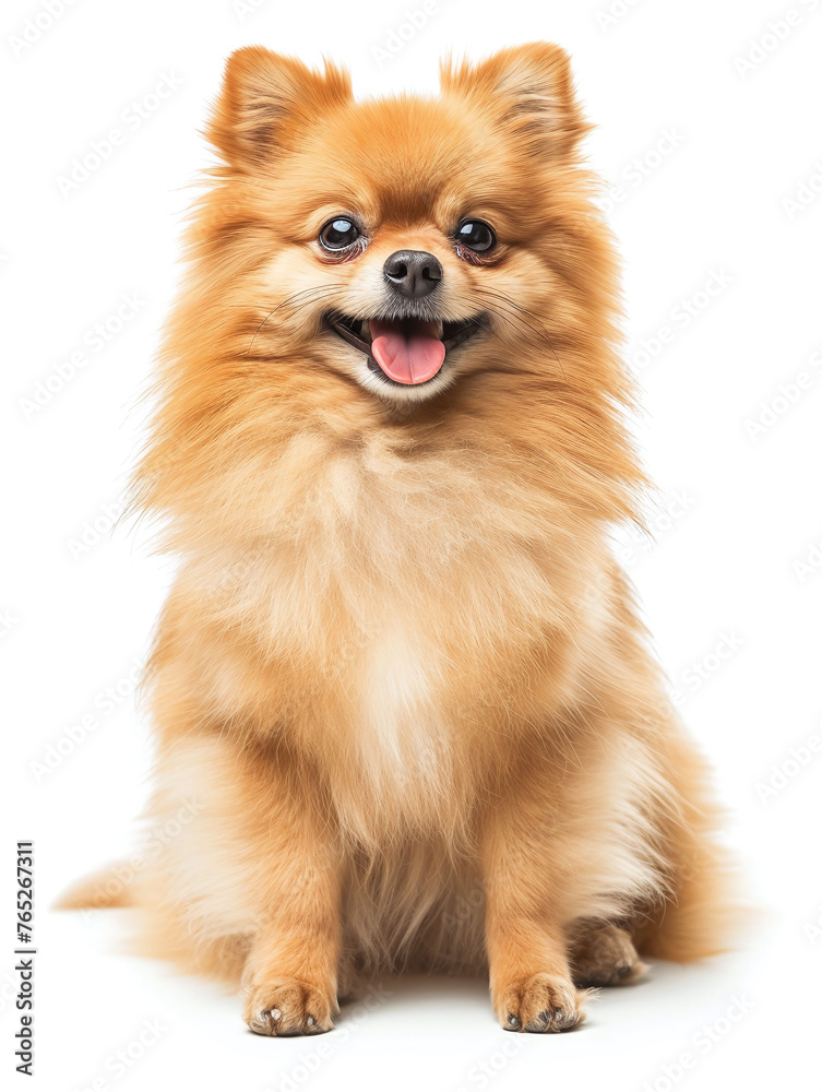 Happy Cute little pomeranian dog sitting on white background, front view shot. isolated photo.