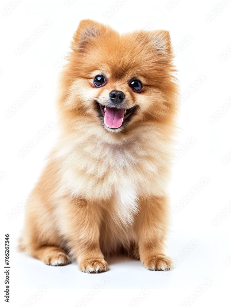 Happy Cute little pomeranian dog sitting on white background, front view shot. isolated photo.