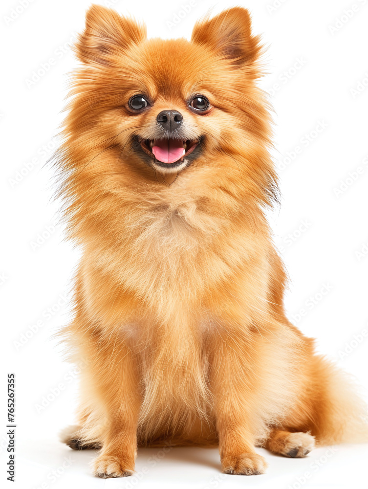 Happy Cute little pomeranian dog sitting on white background, front view shot. isolated photo.