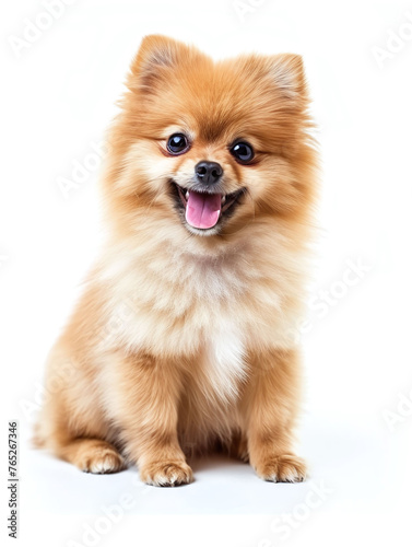 Happy Cute little pomeranian dog sitting on white background, front view shot. isolated photo. © thebaikers