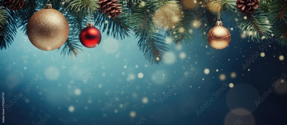 Christmas decorations in the form of balls are hanging from a branch of a fir tree while snow gently falls Christmas decorations in the form of balls are hanging from a branch of a fir tree while snow gently falls