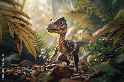 Velociraptor standing in a lush prehistoric jungle in the style of 3D cute cartoon animation