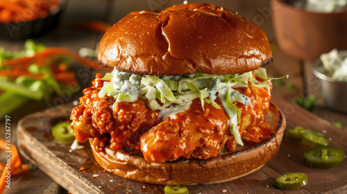 Spicy buffalo chicken sandwich with blue cheese dressing and celery slaw on a toasted brioche bun