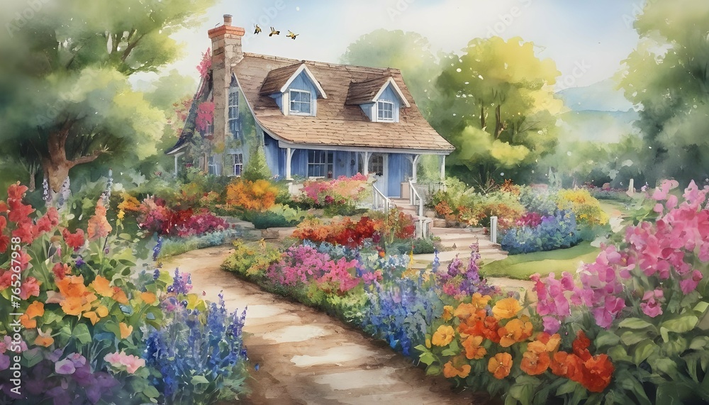 Watercolor Depiction Of A Charming Cottage Garden Upscaled 4