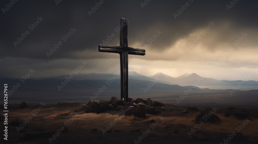 Cross in the desert with mountains in the background during sunrise. Cross in the desert with mountains in the background during sunrise.