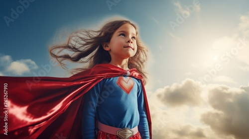 Superhero child girl with red cape and flying hair over sky background.