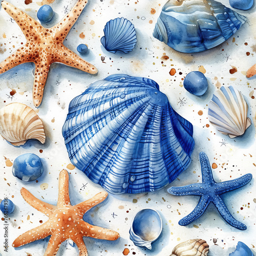 Seamless Marine Life Pattern in Azure Hues Starfish