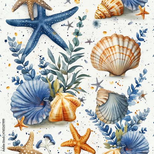 Seamless Marine Life Pattern in Azure Hues Starfish