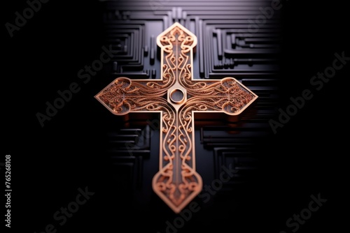 Golden cross on a black background. 3d rendering. Computer digital drawing.