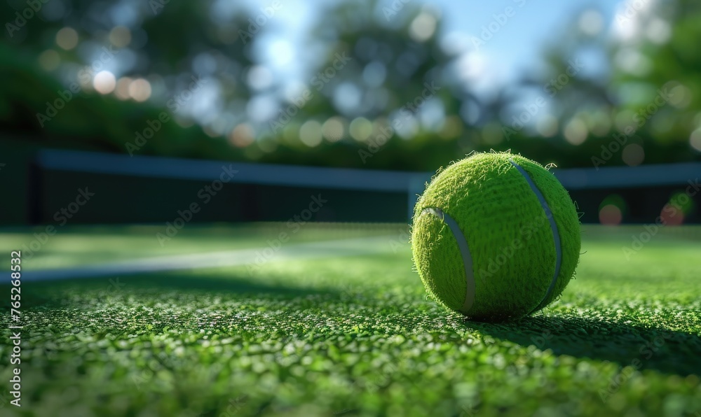A tennis ball lying on a tennis court at a sunny day