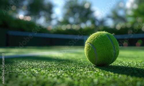 A tennis ball lying on a tennis court at a sunny day © piai