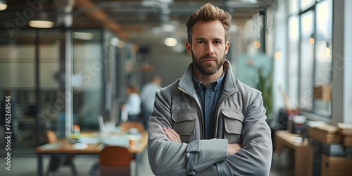 Portrait of a confident man in a grey jacket standing in an office setting exuding professionalism and positivity. Concept Professional Portrait, Confidence, Office Setting, Grey Jacket, Positivity