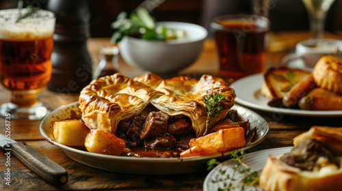 Beef and ale pie with rich gravy, Savory and satisfying, Dark background photo