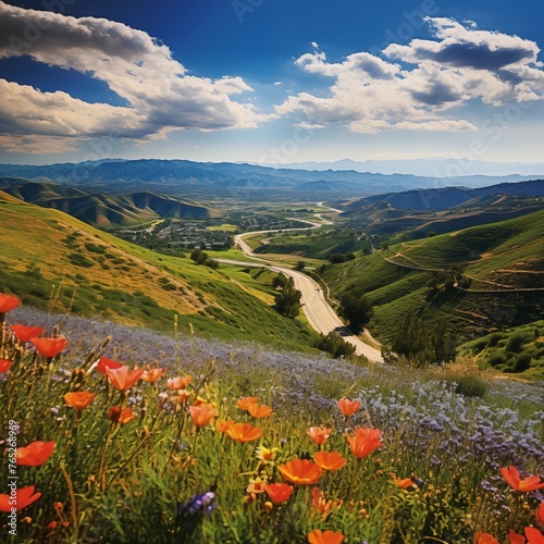 landscape with flowers and mountains © Image Studio