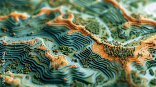 Detailed view of a map showcasing the mountain range with peaks  valleys  and trails.