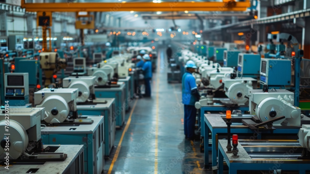 An expansive factory floor filled with rows upon rows of large hightech machines humming with activity. In the background workers . AI generation.