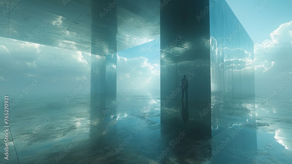 A photograph of a person standing inside a mirrored room filled with reflections of themselves repeating into eternity symbolizing the infinite nature of self and identity.