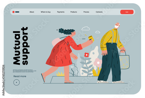 Mutual Support: Picking Up the Dropped Item -modern flat vector concept illustration of a woman who picked up a wallet lost by an elderly man Metaphor of voluntary, collaborative exchanges of services