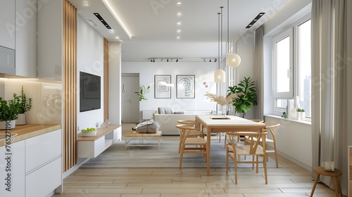 Scandinavian style interior design of modern dining room. 