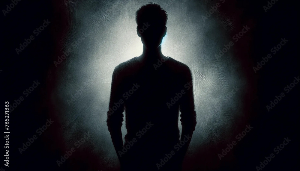 A shadowy figure standing against a dark, ambiguous background