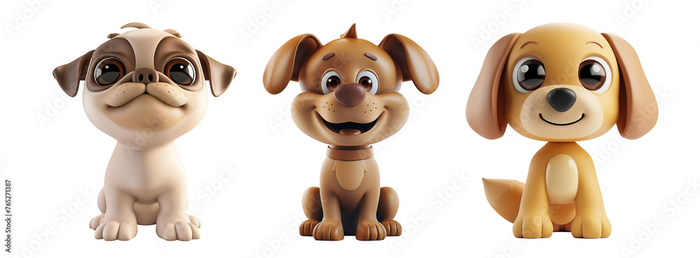 Fototapeta premium Set of cute little puppies dogs. Creative minimal 3d style. Isolated white background. Transparent background