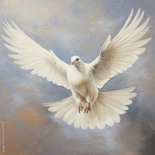 pigeon in flight  wings spread wide  with a serene sky and sunlight background  embodying purity  love  and spirituality