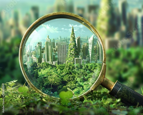 Captured by a magnifying glass, a cityscape undergoes a stunning metamorphosis, evolving into vibrant green spaces, interspersed with abundant CO2 reduction symbols photo