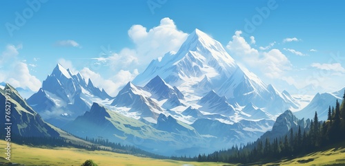 A majestic mountain range rising against a cloudless sky, its peaks dusted with snow even in the heat of summer