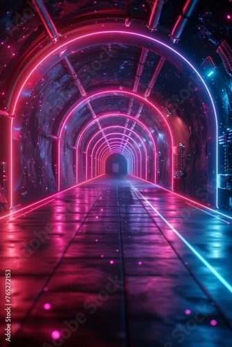 High-tech neon lines create a dazzling fantasy theme against a background of vibrant galaxy colors. © tonstock