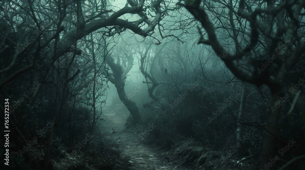 A dark and hazy forest with branches and vines obscuring the path symbolizes the struggle of facing unknown challenges in diminished visibility.